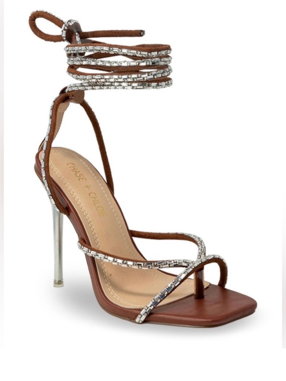Chase + Chloe Brown Leather Heel with Silver Crystal Wrap Straps